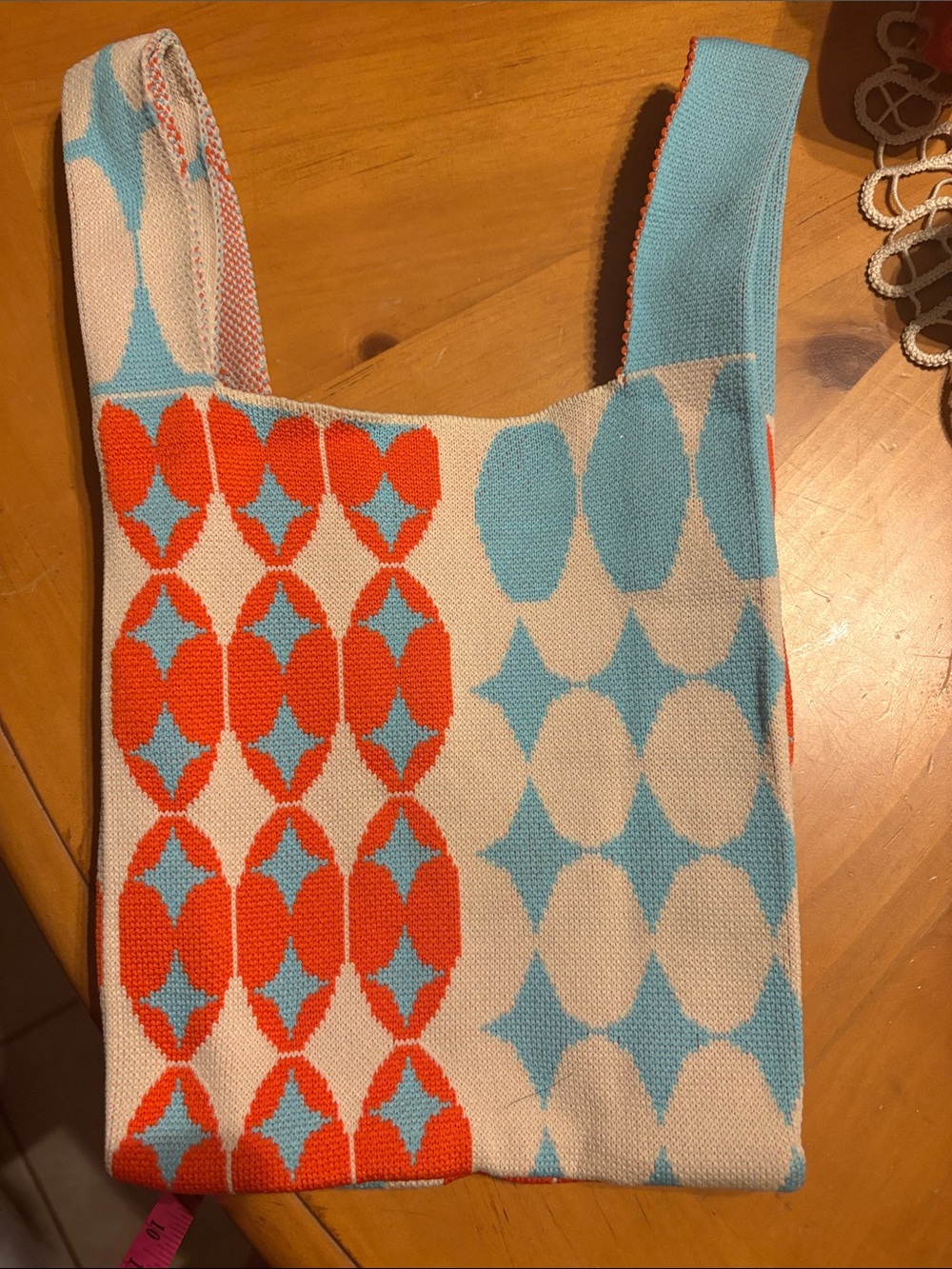 Handheld Patterned Tote Bag in Turquoise, Coral & Cream